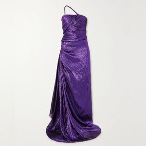 OSCAR DE LA RENTA One-shoulder Draped Silk-blend Lamé Gown In Violet Maxi Dress